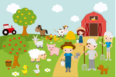 Farm Animals Clipart, Farmer Boys and Girls PNG