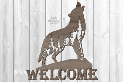 Forest Wolf Welcome Sign SVG Laser Cut Files Wolf Silhouette SVG