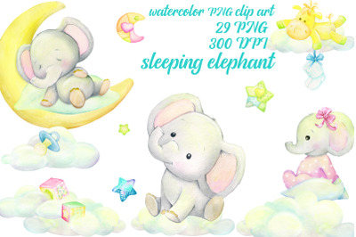 Sleeping Elephant. Babyboy. Watercolor little animal clipart, stars, c