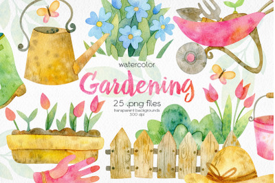 Watercolor Garden Clipart. Gardening Tools