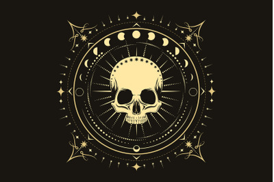 Human Skull with Phases of Moon Esoteric Illustration on Black Backgro