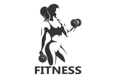 Fitness Monochrome logo. Girl with Dumbbells isolated on white backgro