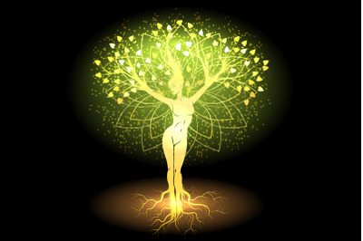 Female Body as a Golden Tree Fantasy Illustration on Black Background