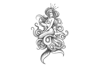 Mermaid and Octopus Tattoo Drawn in Engraving Style