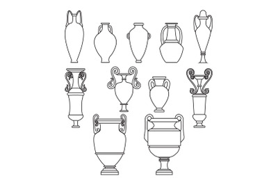 Outline set sketch of ceramic vases. Tall ancient Greek, Roman jar wit