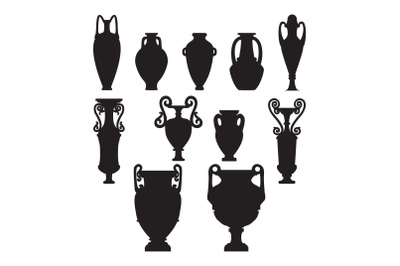 Silhouette set sketch of ceramic vases. Tall ancient Greek, Roman jar