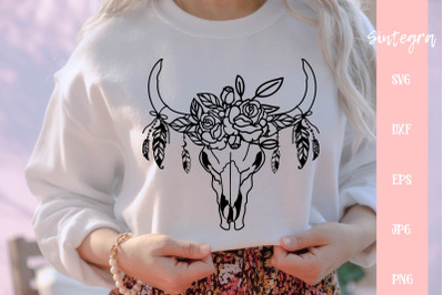 Floral Cow Skull With Feathers Svg Cut File