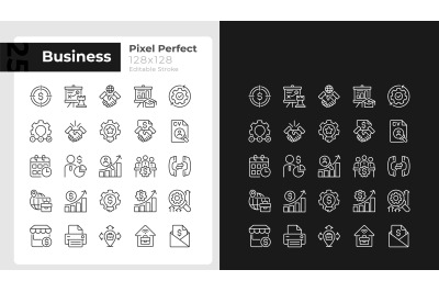 Business management pixel perfect linear icons set