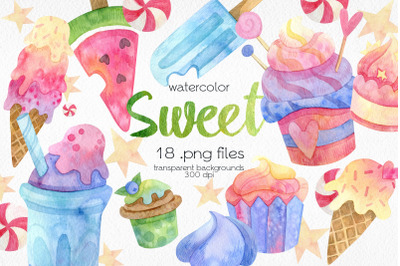 Watercolor Ice Cream and Cupcakes Clipart