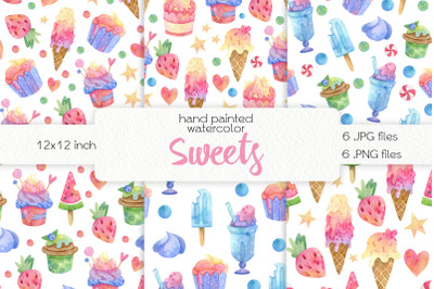 Watercolor Ice Cream and Cupcakes. Seamless Patterns