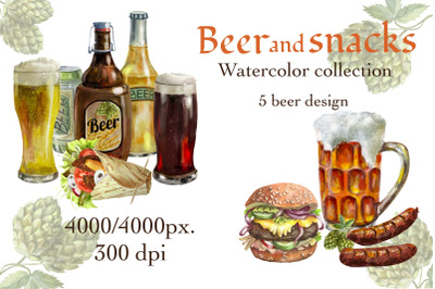 Beer and snacks,watercolor beer designs