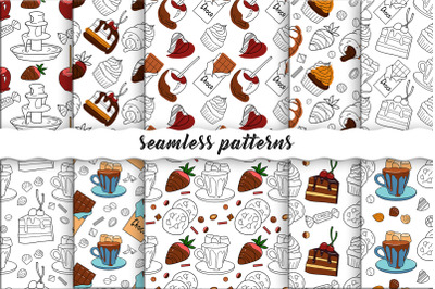 Chocolate sweets, vector set and seamless patterns