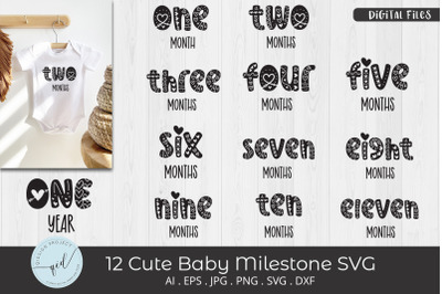12 Cute Baby Milestone SVG with Heart Ornaments