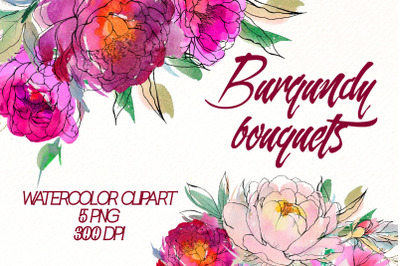 Watercolor Peonies Bouquet Png Bundle | Burgundy Floral png.