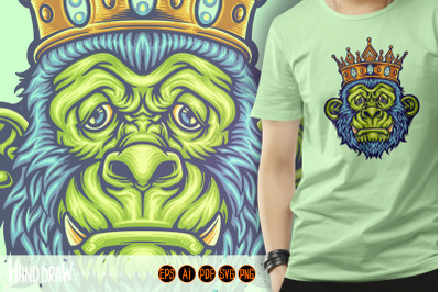 Head King Monkey with Crown Mascot  Illustrations