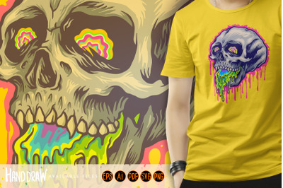 Psychedelic Scary colorful stone Skull Melting Illustrations