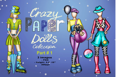 Paper Dolls for DIY Craft Project, Three Bright Fashion Dolls in Set