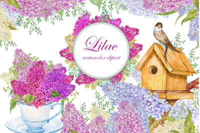 Lilac watercolor clipart. bouquets of flowers, birdhouse