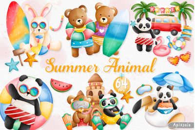 Watercolor Summer Animal and Beach Clipart