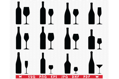 SVG Wine Bottles and Glasses, Black silhouettes, Digital clipart