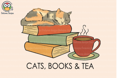 Cats&2C; books &amp;amp; tea Sublimation Design