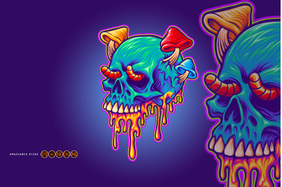 Psychedelic skull mushrooms melted colorful Illustrations