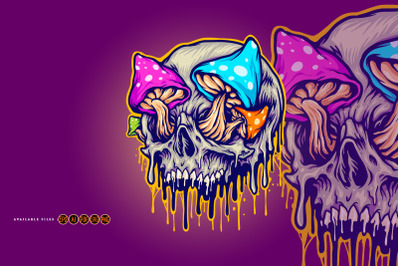 Scary skull mushrooms melted colorful Illustrations