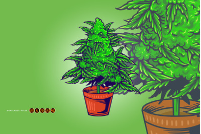 Cannabis Weed leaf plant with pot Medicine Illustrations