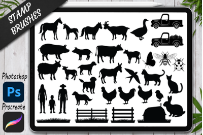 Farm Stamps Brushes for Procreate and Photoshop. Farm Animals, Farmer.