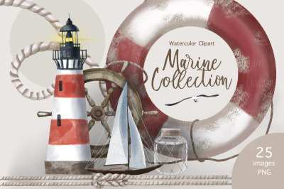 Marine watercolor clip art collection