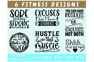 Fitness Quotes SVG Bundle, 6 Designs, Motivational Fitness Sayings SVG