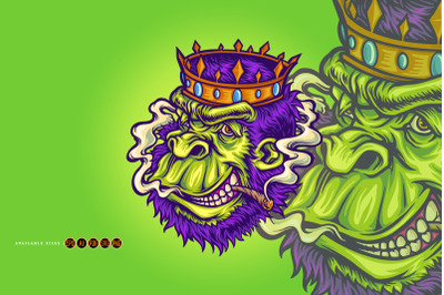 Crowned gorilla with smokes cannabis Mascot Illustrations