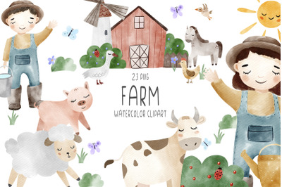 Watercolor happy farm clipart PNG