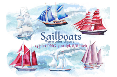 Nautical clipart ,watercolor Sailing ships