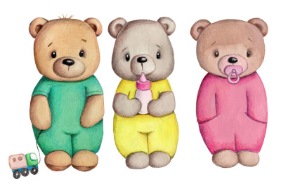 Three cute baby teddy bears. Watercolor illustration.