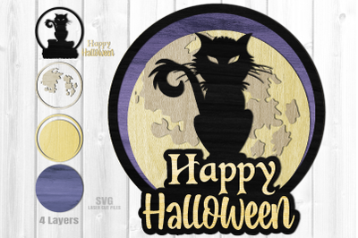 Happy Halloween Sign SVG Laser Files | Black Cat Moon SVG Glowforge
