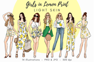 Girls in Lemon Print - light skin Watercolor Fashion Clipart