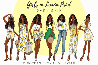 Girls in Lemon Print - dark skin Watercolor Fashion Clipart