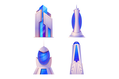 Cartoon futuristic city buildings of set, modern architecture