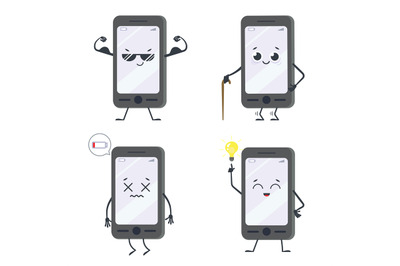 Cartoon smartphone character set of emotions, happy and upset