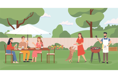 Friends enjoying party with barbecue on backyard