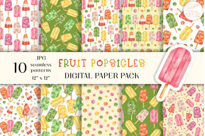 Watercolor Popsicle Digital Paper. Fruit Ice Cream Seamless Patterns