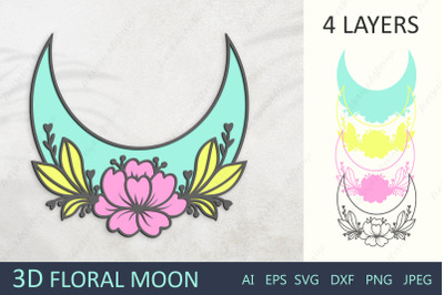 3d layered moon with flowers, Floral moon svg paper cut