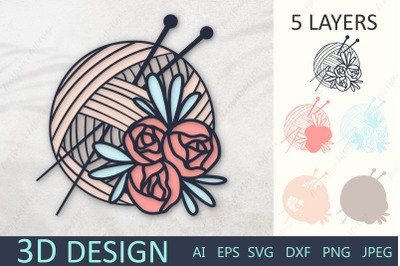 3d papercut knitting yarn ball, Floral yarn svg