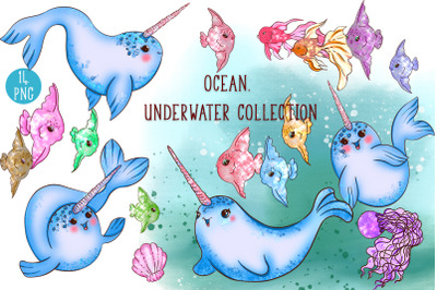 Ocean. Cute sea animals. Narwhals and fish