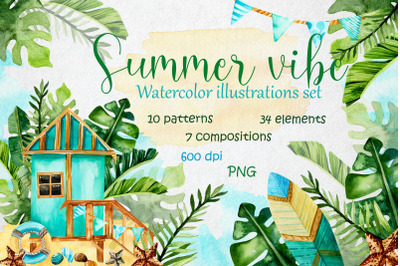 Summer vibe. Watercolor illustrations set.