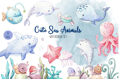 Undersea watercolor clipart, cute sea animals