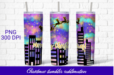 Christmas tumbler sublimation, Santa reindeer above city