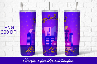 Christmas tumbler sublimation, Santa reindeer above city