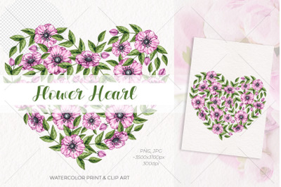 Watercolor Flower Heart / Watercolor Print and Clip Art